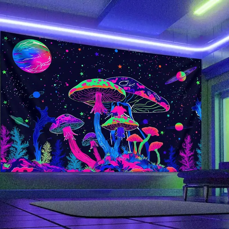 VIKAMA Mushroom Tapestry Blacklight Wall Hanging Neon Trippy Psychedelic Starry Planet Aesthetic Wall Decor for Dorm Bedroom