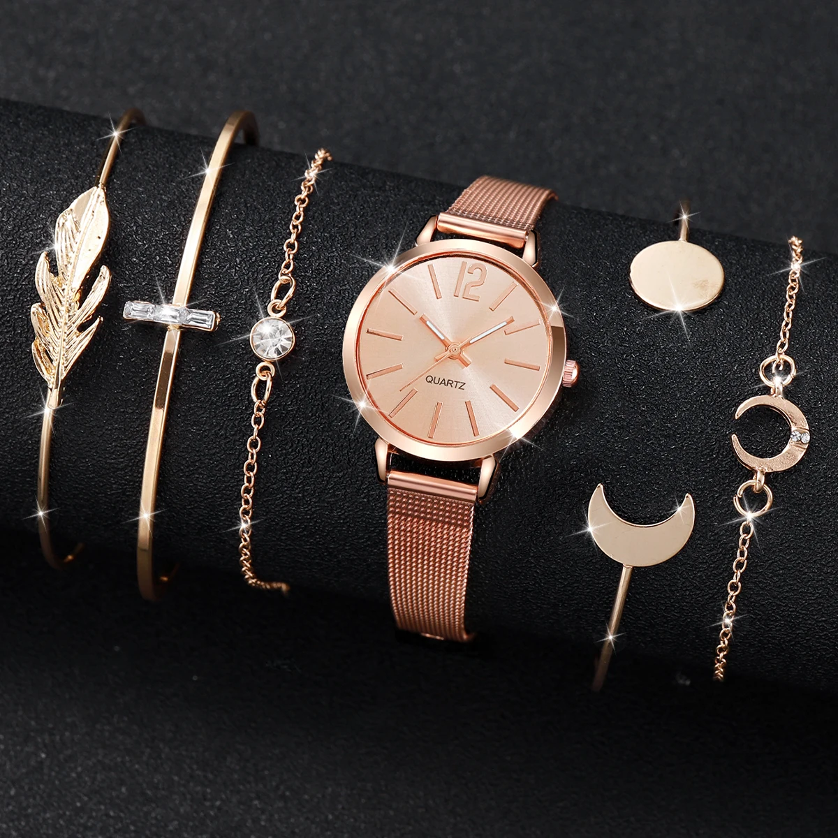 6PCS/Set Women\'s Watch Fashion Small Simple Dial Female Mesh Band Quartz Watches Bracelets Set