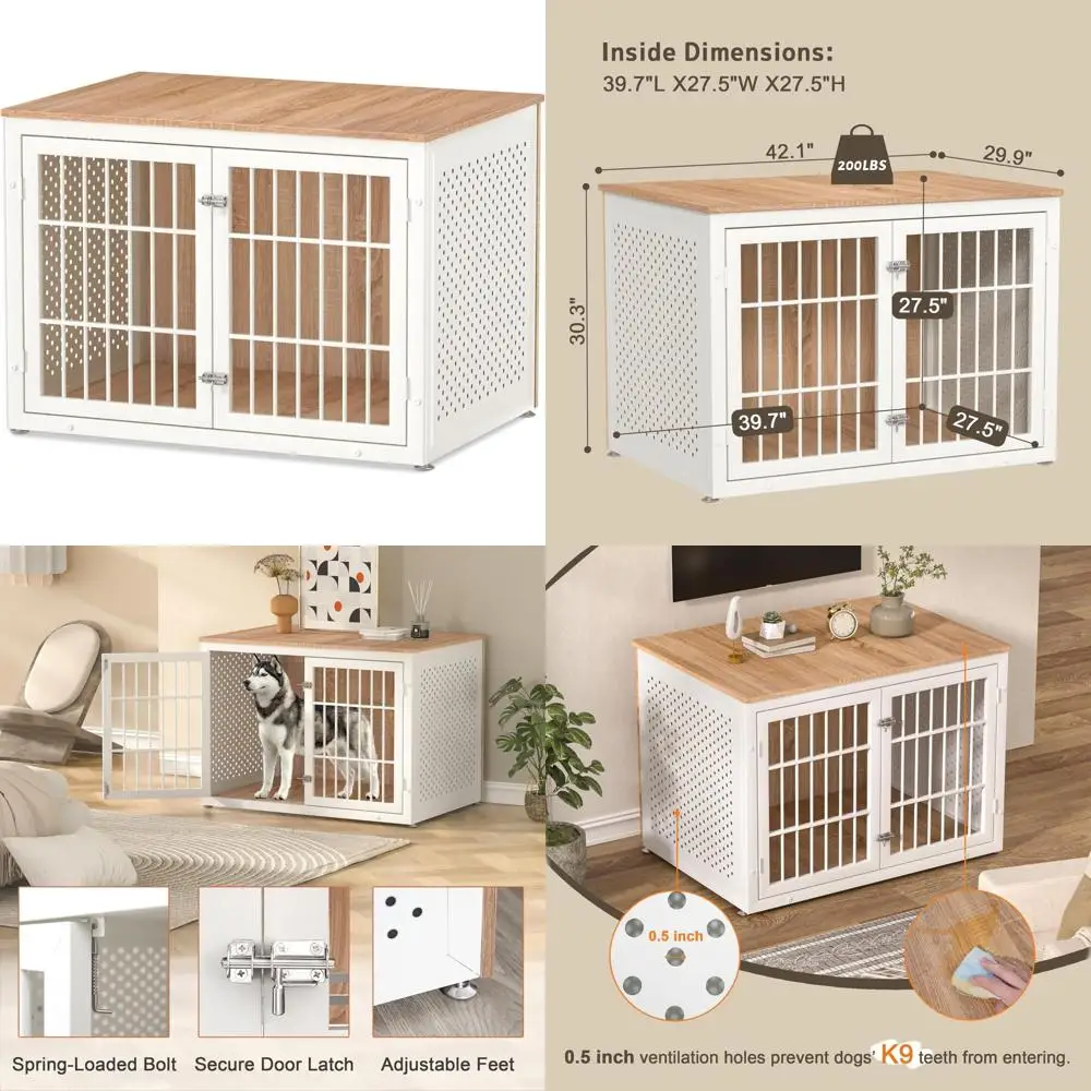 قفص كلب معدني كبير شديد التحمل للكلاب عالية القلق، أثاث قفص داخلي خشبي أبيض، غلاف مزخرف للحيوانات الأليفة #1