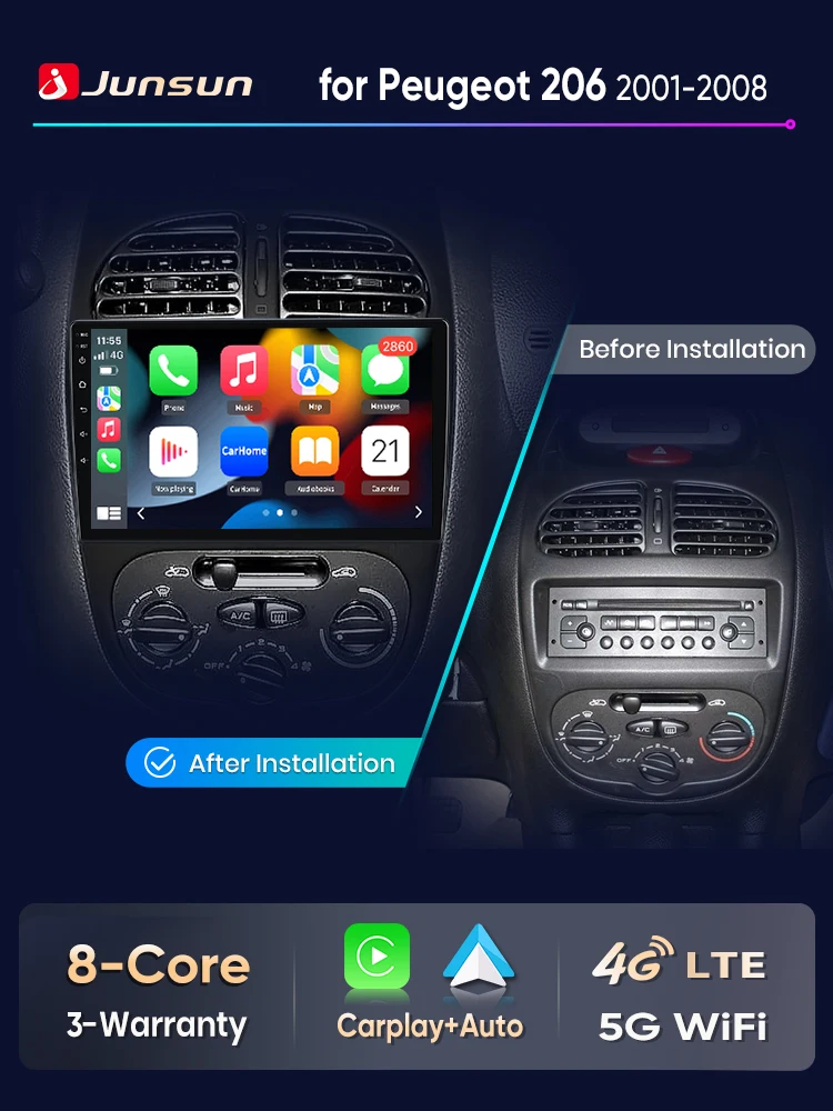 Junsun Android Auto Autoradio für Peugeot 206 206CC 206SW 2001 2002 2003-2008 Multimedia Wireless Apple CarPlay Android Auto Intelligente Systeme IPS-Bildschirm Stereo-Videoplayer 2 Din Autoradio Head