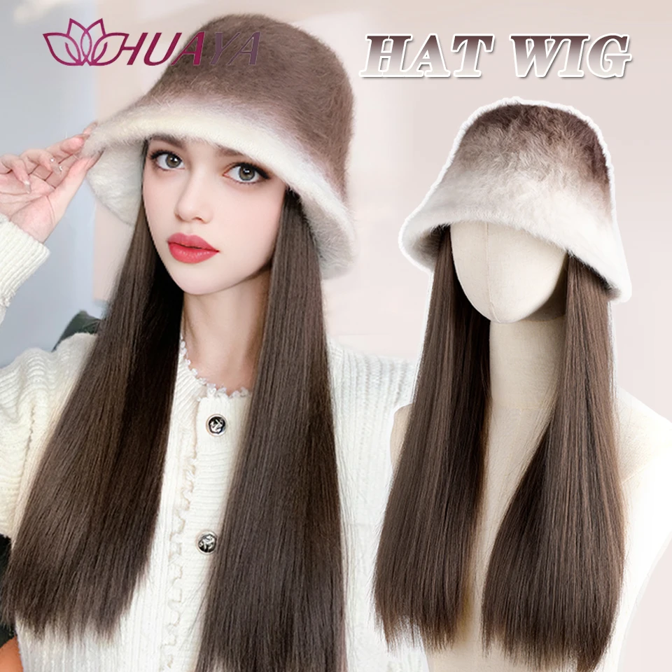 HUAYA Hat Wig One Female Winter New Gradient Long Straight Hair Bucket Hat Warm Plush Clavicle Hair Fisherman's Hat