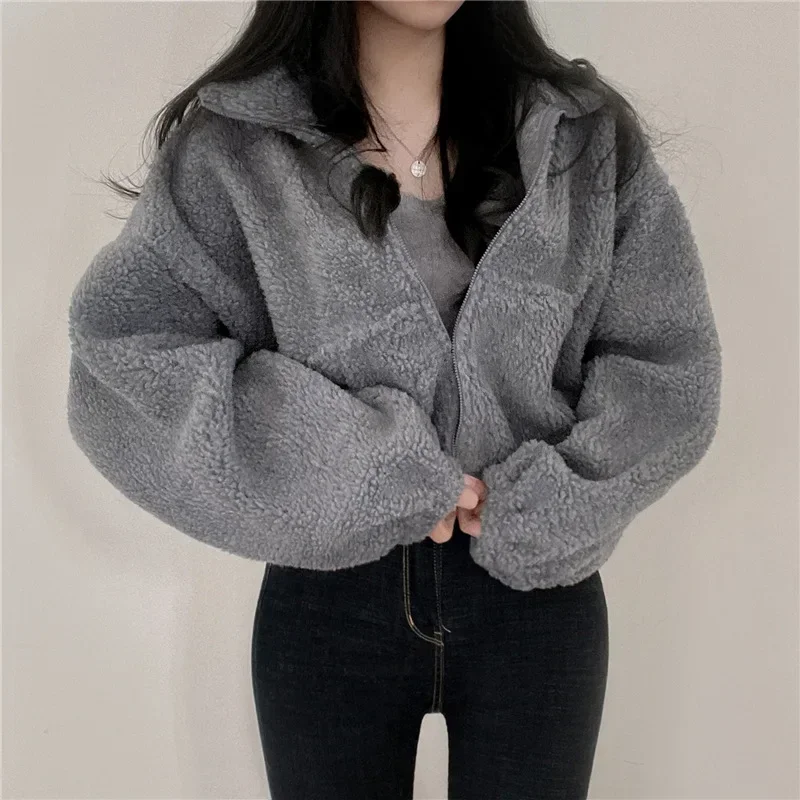 

Design Sensitive Short Standing Collar Warm Imitation Lamb Wool Jacket for Women's New Loose and Versatile Zipper Cardigan Top