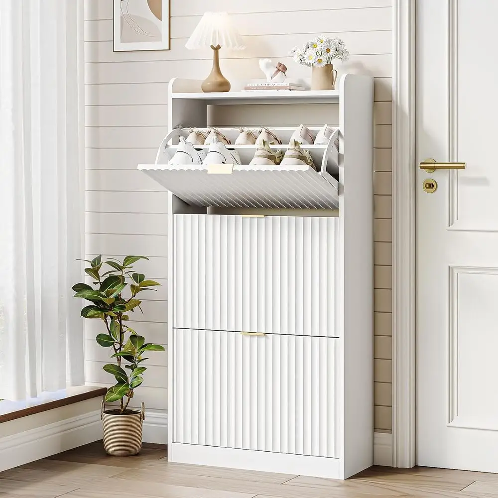 

White Wooden Shoe Cabinet with 3 Drawers for Slim Storage in Entryway or Hallway
