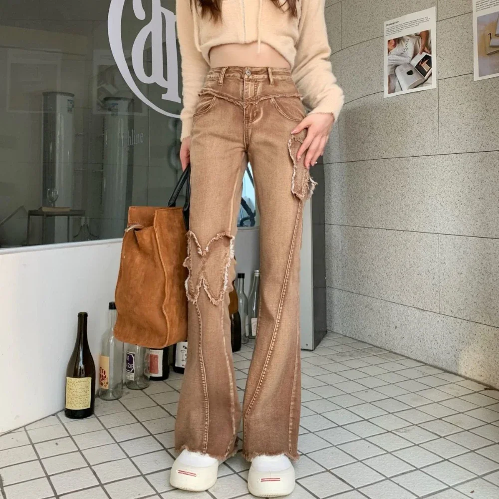 

Women's Jeans Brown with Pockets Splicing Pants for Woman High Waist Shot Bell Bottom Flare Flared R Shiny Clothes Cool Trousers