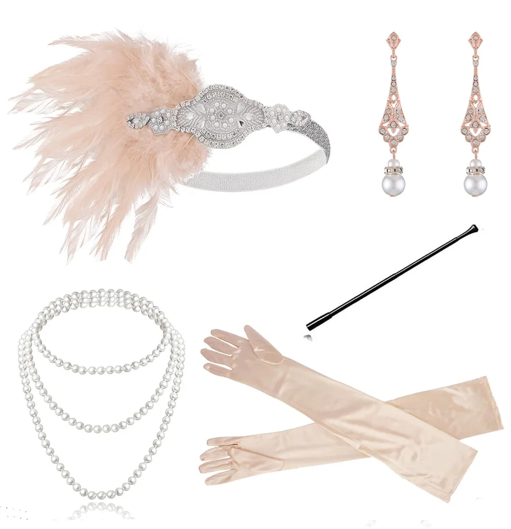 

1920 Women's Vintage Feather Headbands Flapper Costume Accessory Cigarette Holder Pearl Necklace Gloves Set Hair