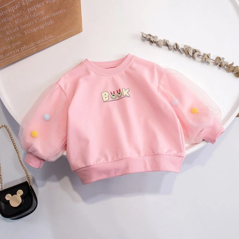 

Baby Girl Spring Fall Top Kids Pink Gauze Sleeve Sweet Princess Sweater Todder Daily Leisure Clothes 0-6 Years Children Pullover