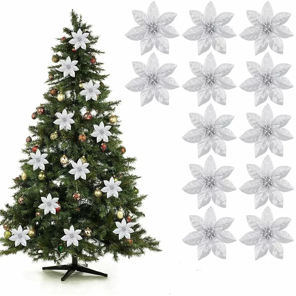 2025 Glitter Pink Christmas Flowers Xmas Tree  Artifical Flower Ornaments Merry Christmas Decoration For Home New Year