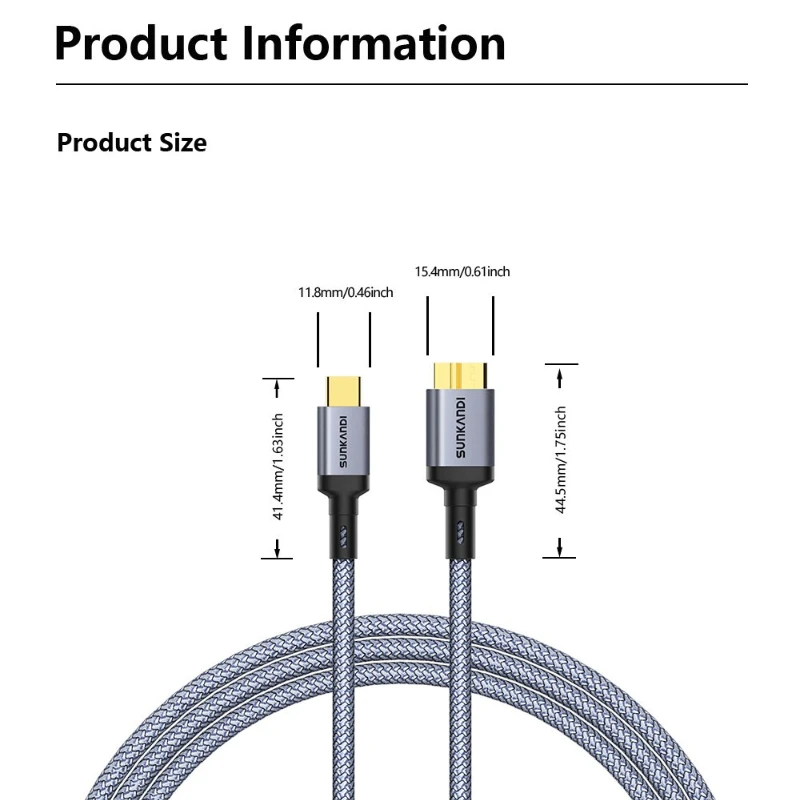 SUNKANDI 10 Gbps Micro-B-auf-USB-C-Festplattenkabel, USB-C-auf-Micro-B, externes Festplattenkabel für MacBook Pro, iPad/Tablet