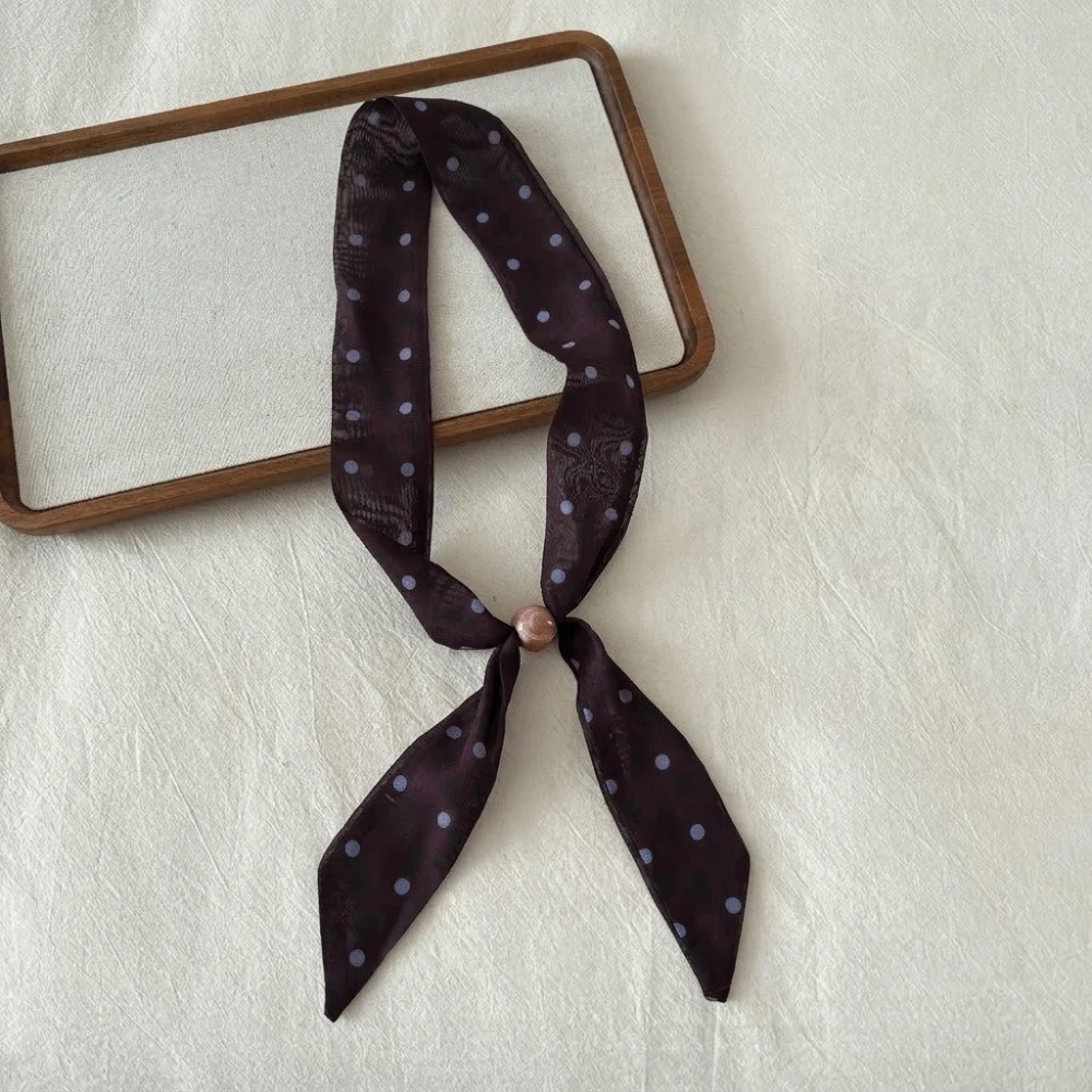 New Vintage Thin Polka Dot Neckerchief Pearl Beads Silk Scarf Necklace Adjustable Long Narrow Choker Scarf Work