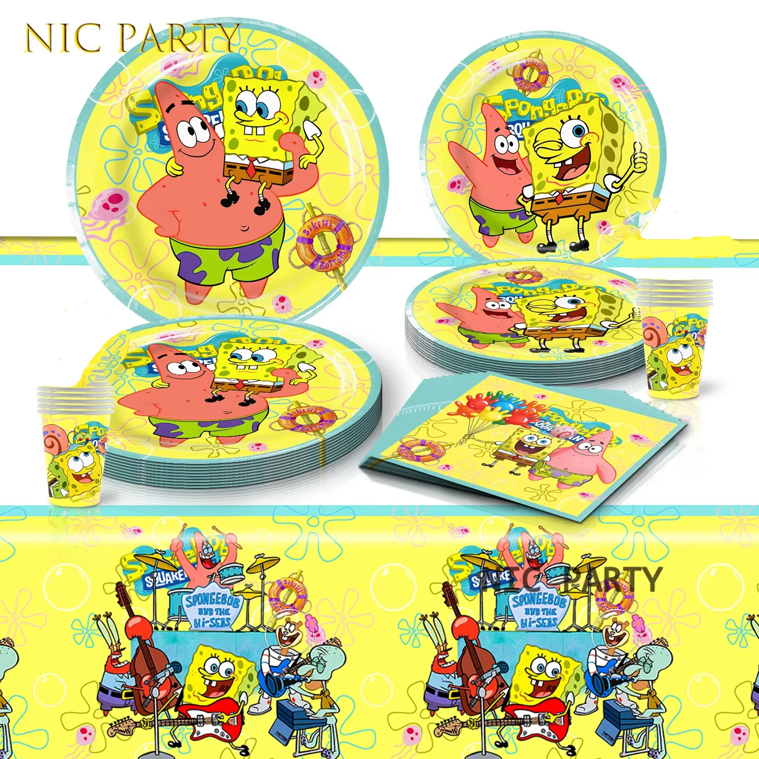 Juego de Artículos para Fiesta de Cumpleaños con Temática de Bob Esponja, Plato, Vaso, Servilleta, Adorno para Pastel, Mantel, Globos para Cumpleaños Infantiles y Baby Shower