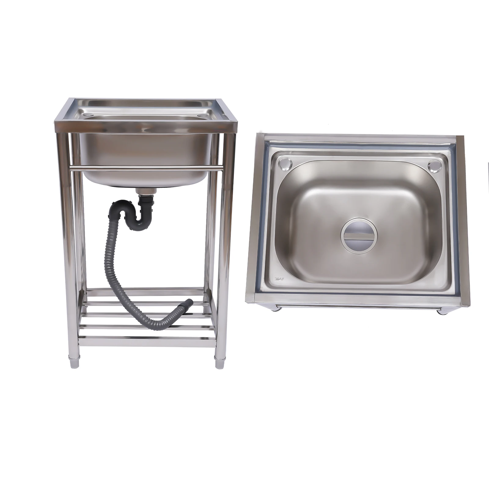 Free Standing Stainless-Steel Single Bowl Commercial Restaurant Kitchen Sink, Utility Washing Hand Basin w/ Storage Shelve