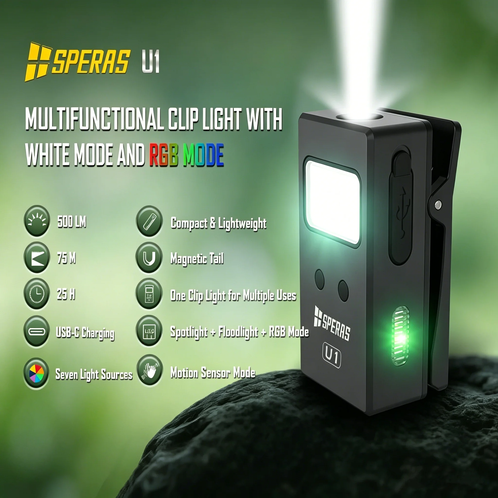 

Speras U1 EDC Flashlight Multi-Function Clip-on Light Rechargeable 500 Lumens Portable Torch for Outdoor and Indoor