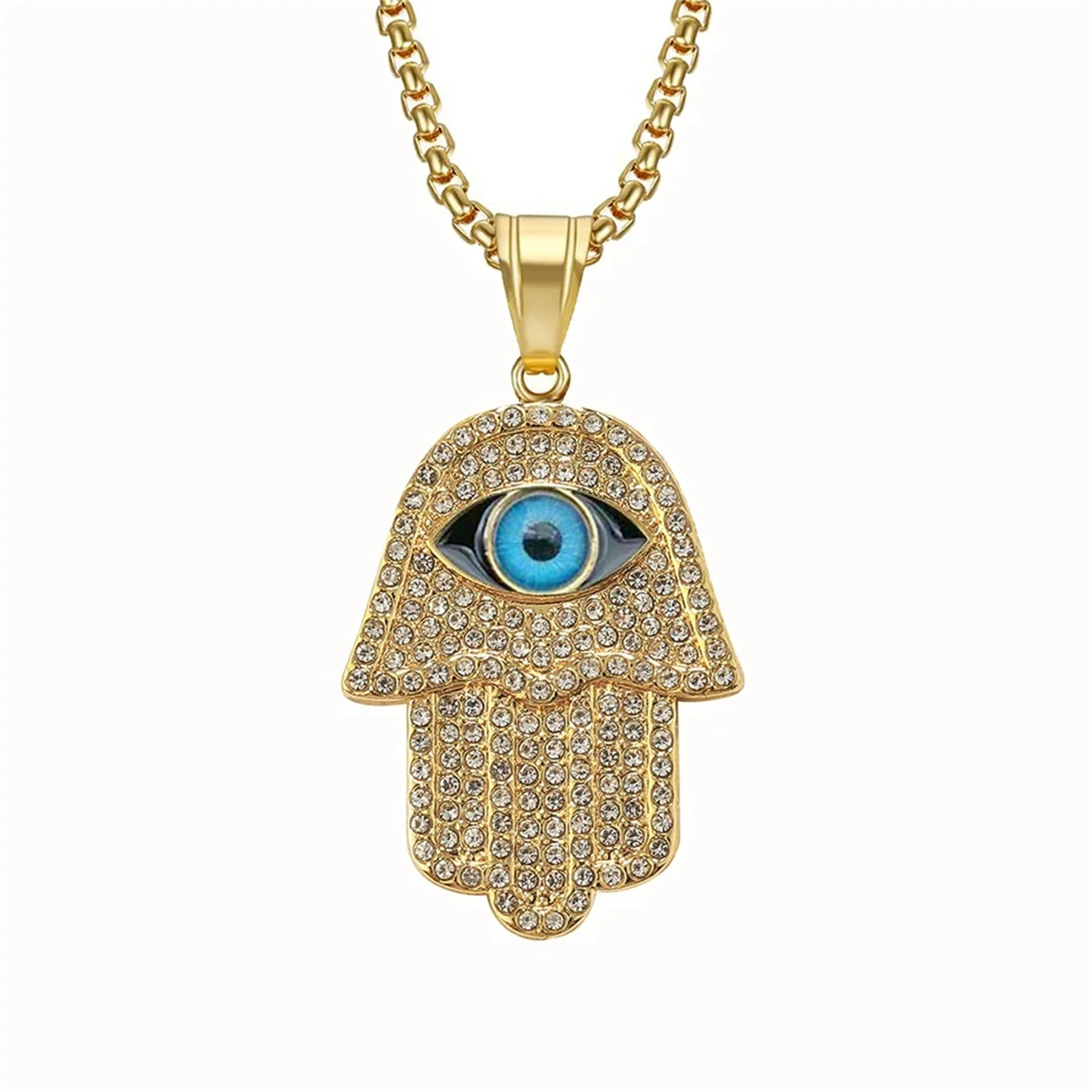 

Hiphop Evil Eye Hamsa Hand of Fatima Pendant Dropshipping Gold Color Stainless Steel Muslim Amulet Necklace for Men Jewelry Gift