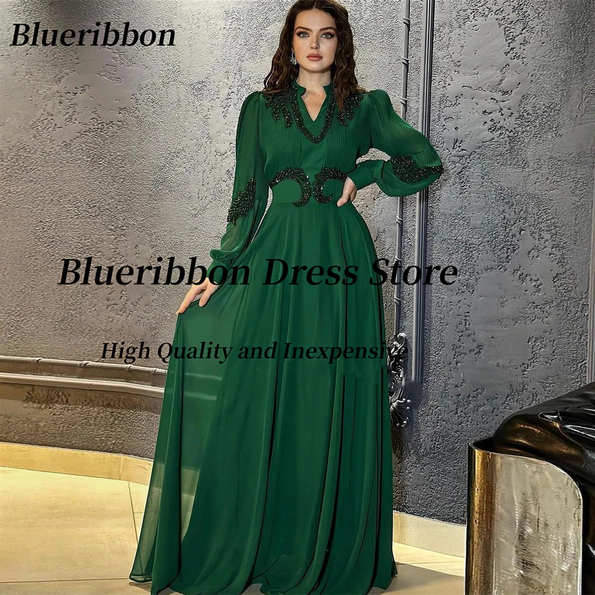 

Blueribbon Customized Long Sleeves Prom Dresses V Neck Beaded Vestidos De Fiestas Elegantes Mujer Chiffon Saudi Evening Gowns