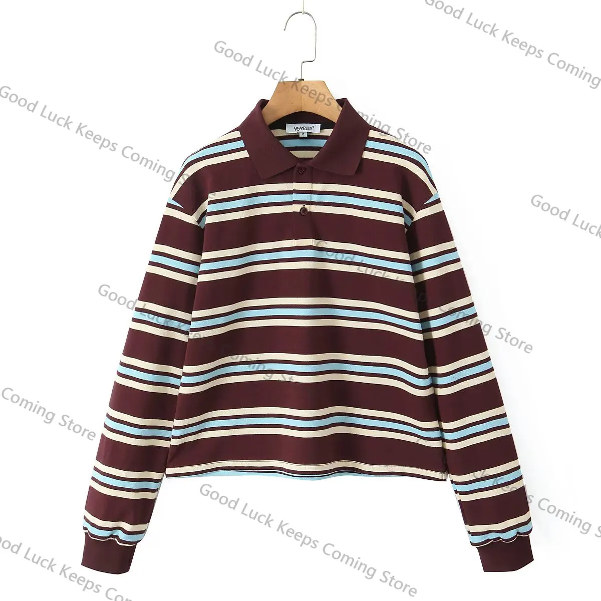 

Summer 2025 Polo Shirts Woman Long Sleeve Tops Women Striped Vintage Clothes Polo Shirts Mujer Streetwear Casual Tops Brown