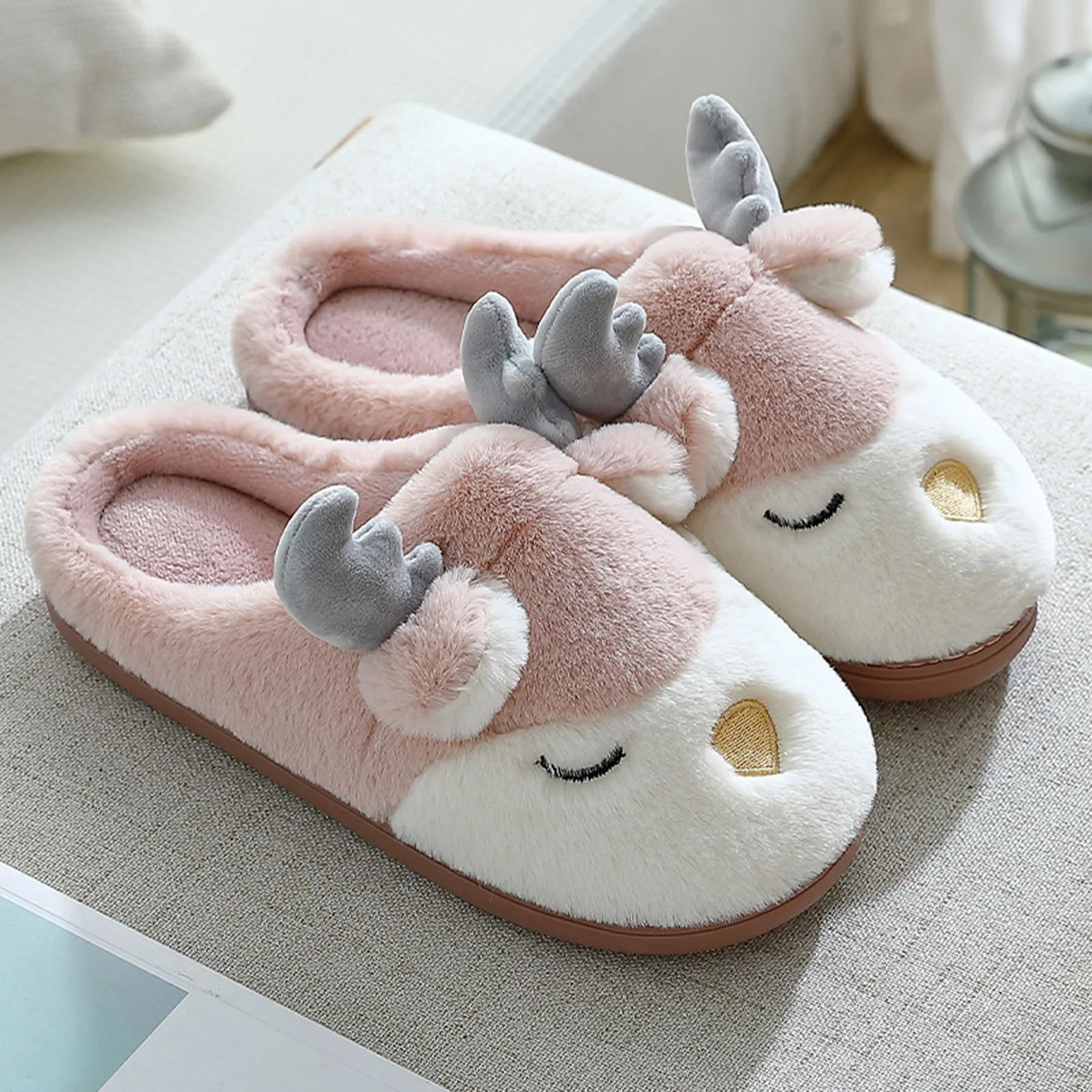 Lovely Cotton Slippers Autumn Winter New Christmas Cute David Deer Indoor Slippers Women Home Shoes Cartoon Short Plush Slippers