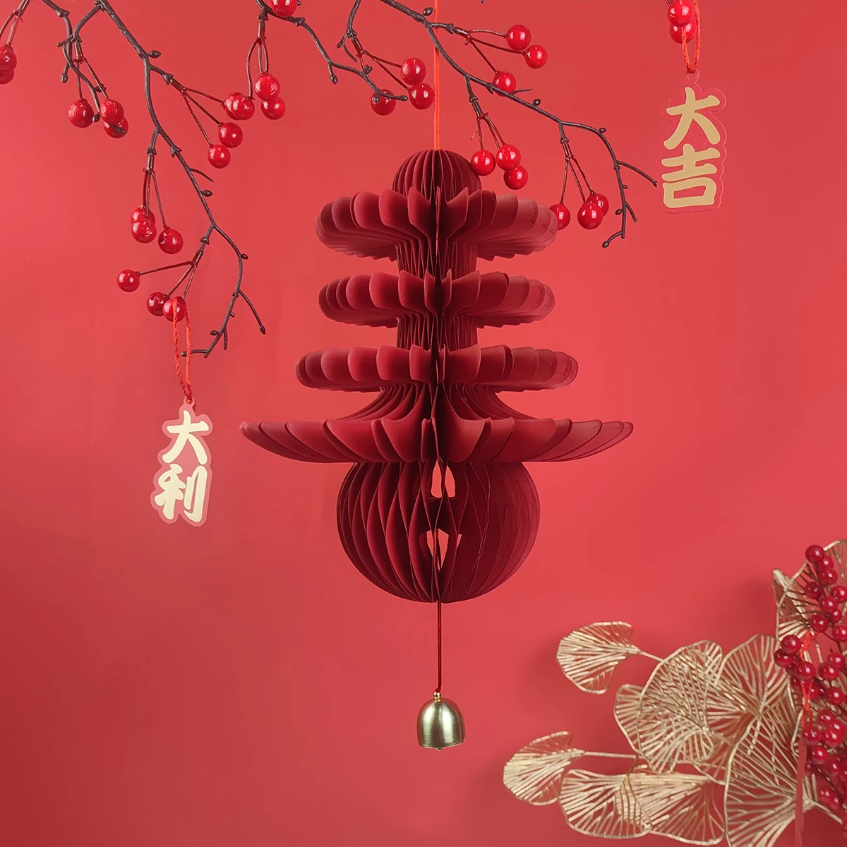 1Pcs Chinese New Year Theme Paper Honeycomb Ball with Bell Chun Lantern Hanging Ornament for China Spring Festival Party Decor