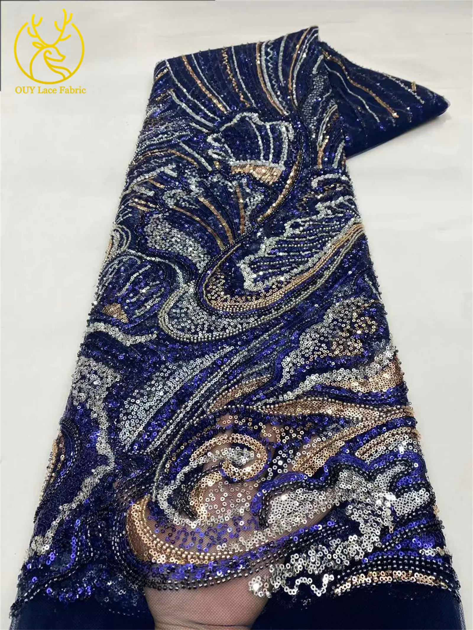 Tessuto di pizzo con paillettes in rilievo di pizzo oro nero africano di lusso 2026 Abito da sposa in pizzo nigeriano di alta qualità Materiale da cucire 5 metri