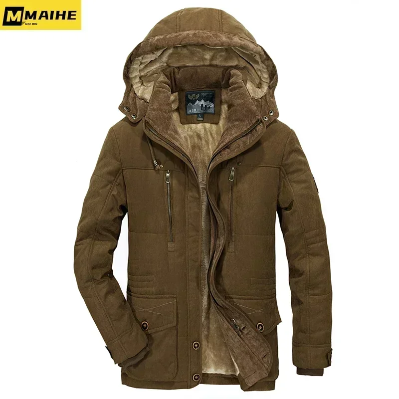 Men\'s Winter Thicken Cotton Snow Ski Hiking Jacket Warm Middle Aged Army Green Work Coat With Removable Hood Parkas Men Clothing