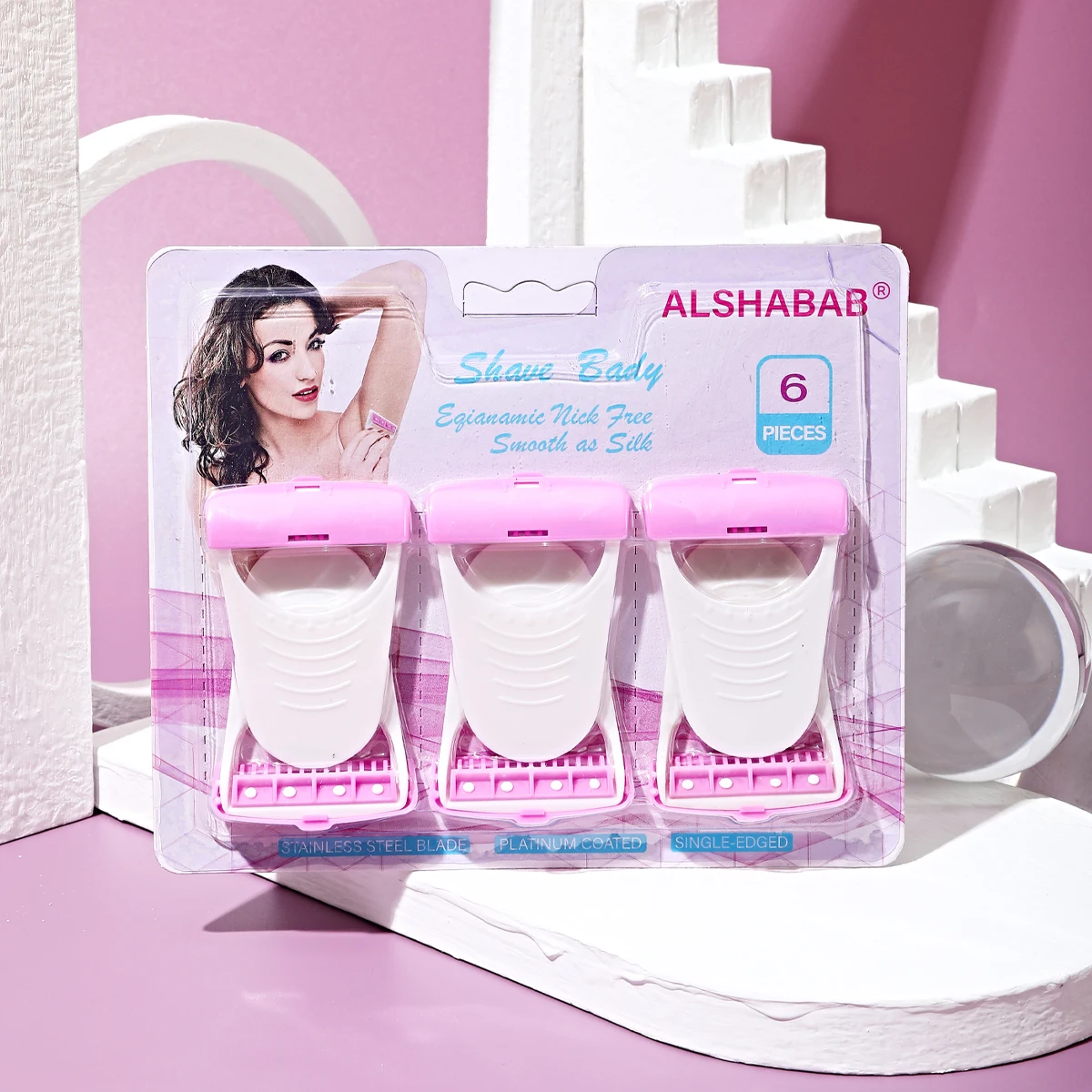 Alshabab 6 pçs conjunto de navalha descartável para as mulheres barbear 1 lâmina corpo inoxidável biquíni cabelo removel ferramenta cor rosa manual