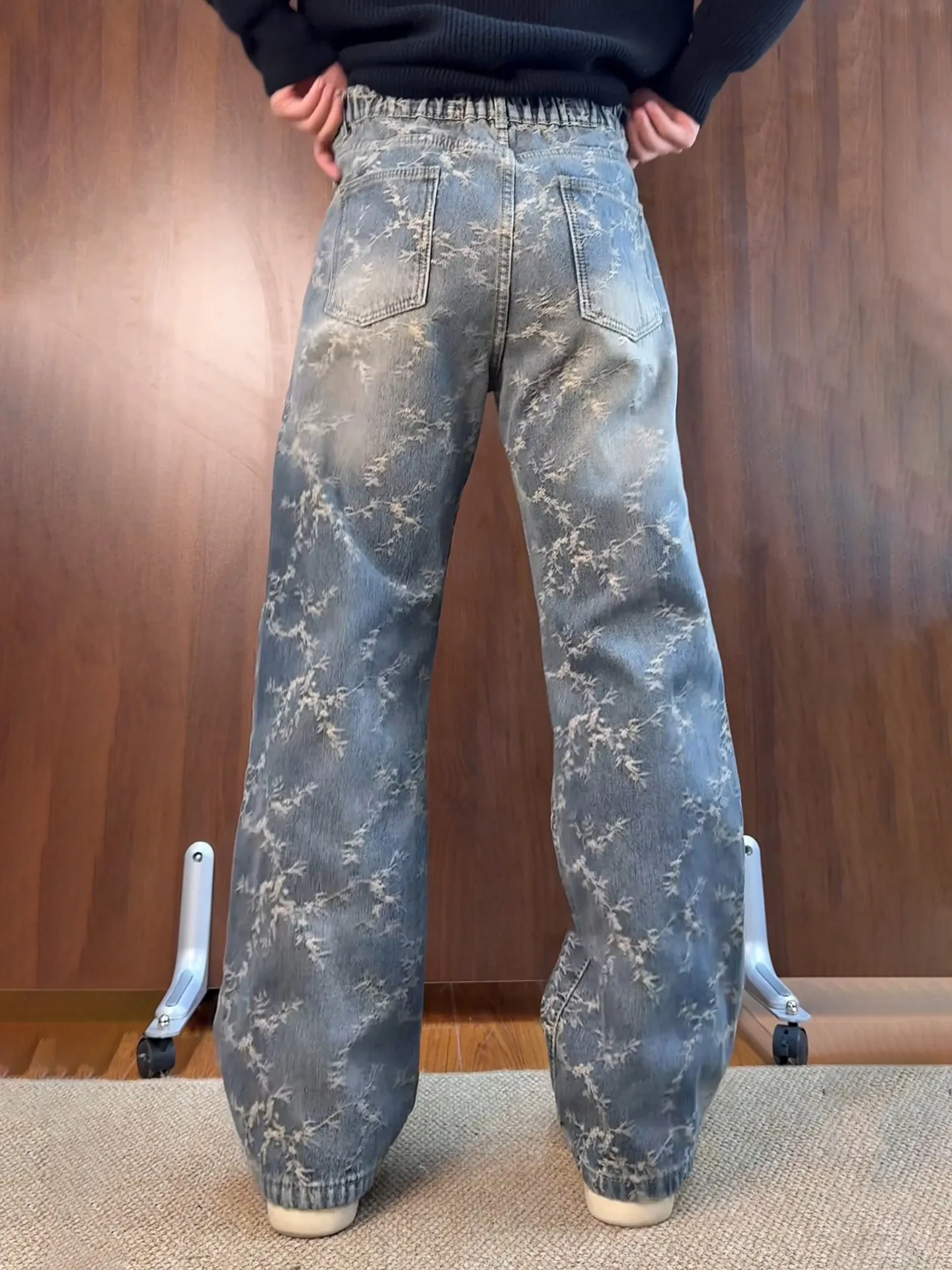 

Мужские джинсы в американском ретро-стиле с цветочной вышивкой, весенние, уличный стиль, зауженные, с длинными штанинами, микро-клеш, прямые брюки