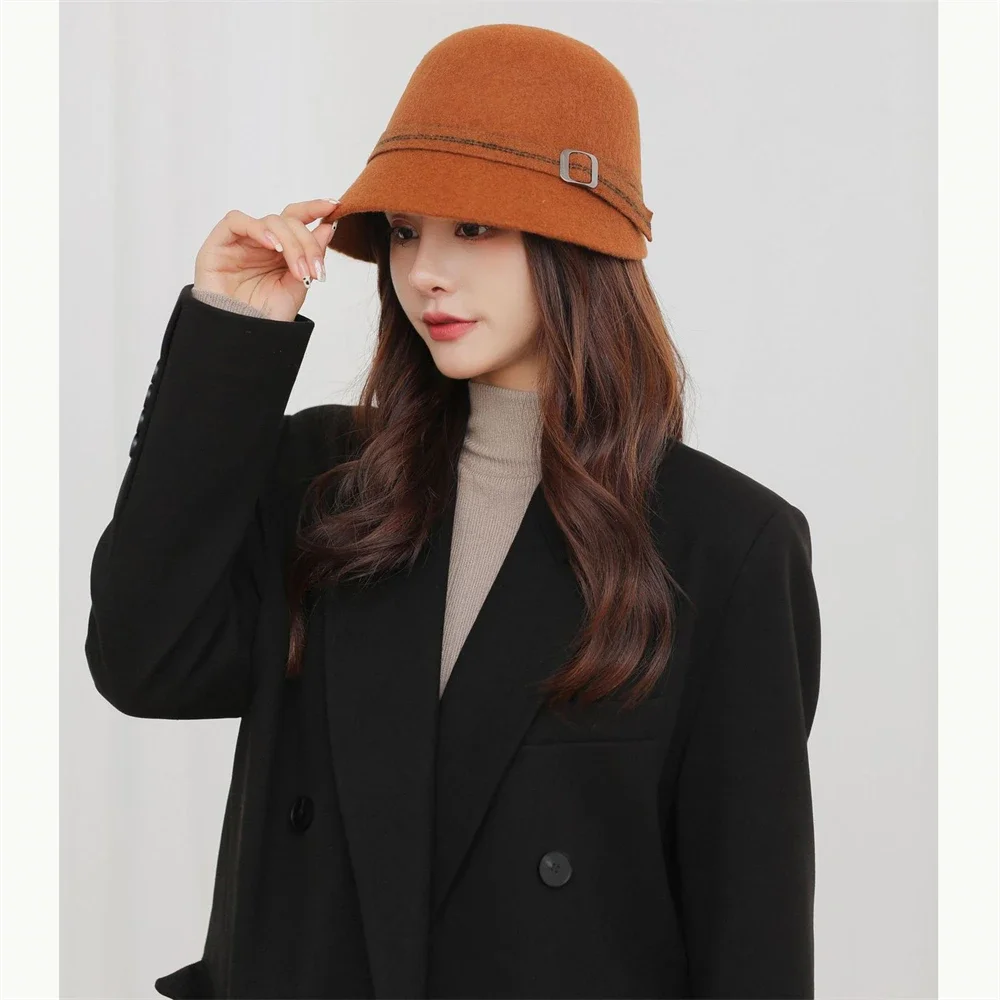 Japanese Style Simple Bucket Hat Autumn Winter Women's Warm Fisherman Hats Noble Lady Belt Felt Cap Casual Solid Color Dome Cap