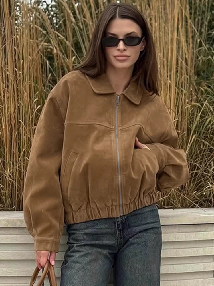 Vintage Khaki Collared Jacket For Women Long Sleeves Casual Commuting Loose Autumn  New Solid Outwear Women's Jackets