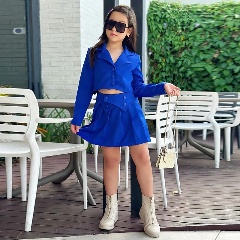 

Childrens Sets Europe and America Childrens Clothing Girls Fashion Autumn New Pleats Button Soild Turn Down Collar