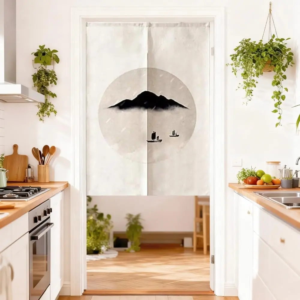 Tranquil Chinese Landscape Curtain, Beige Background Black Mountain & Sailboat Print For Entryway & Dining Area, Zen Oriental