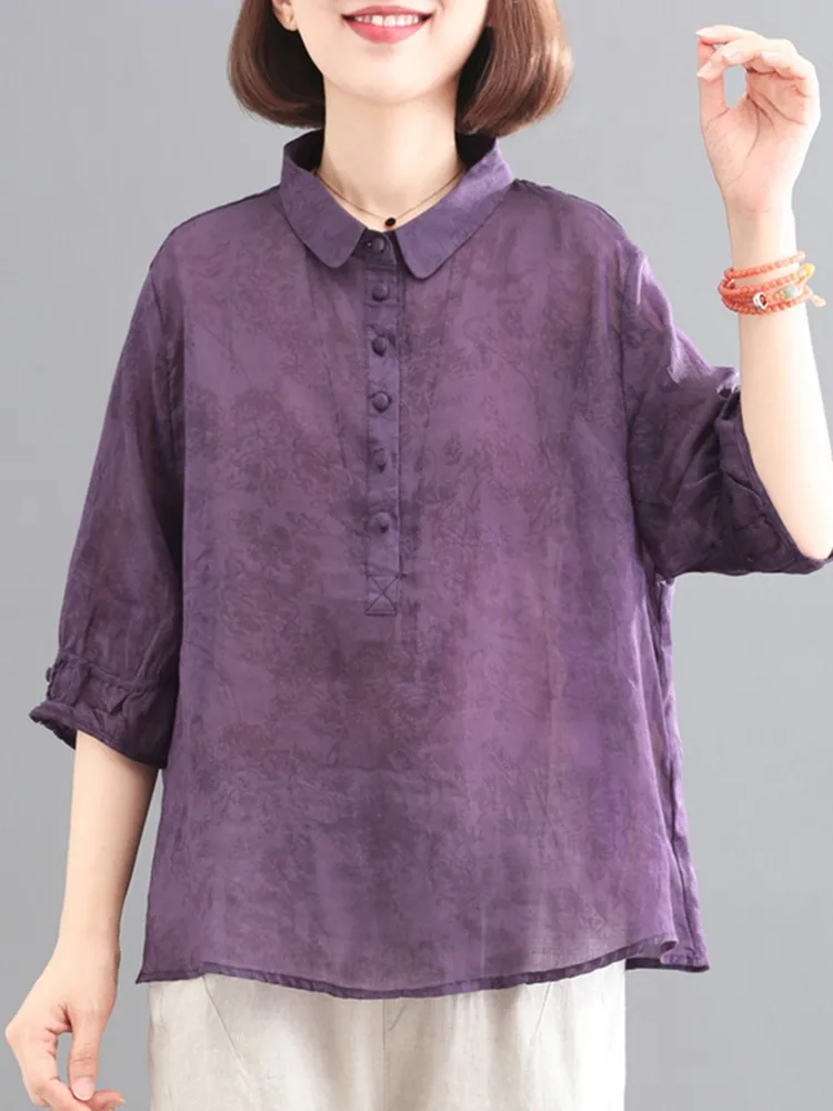 Women Summer Casual Shirt New Arrival 2023 Vintage Style Turn-down Collar Loose Female Half Sleeve Cotton Tops Shirts B2884