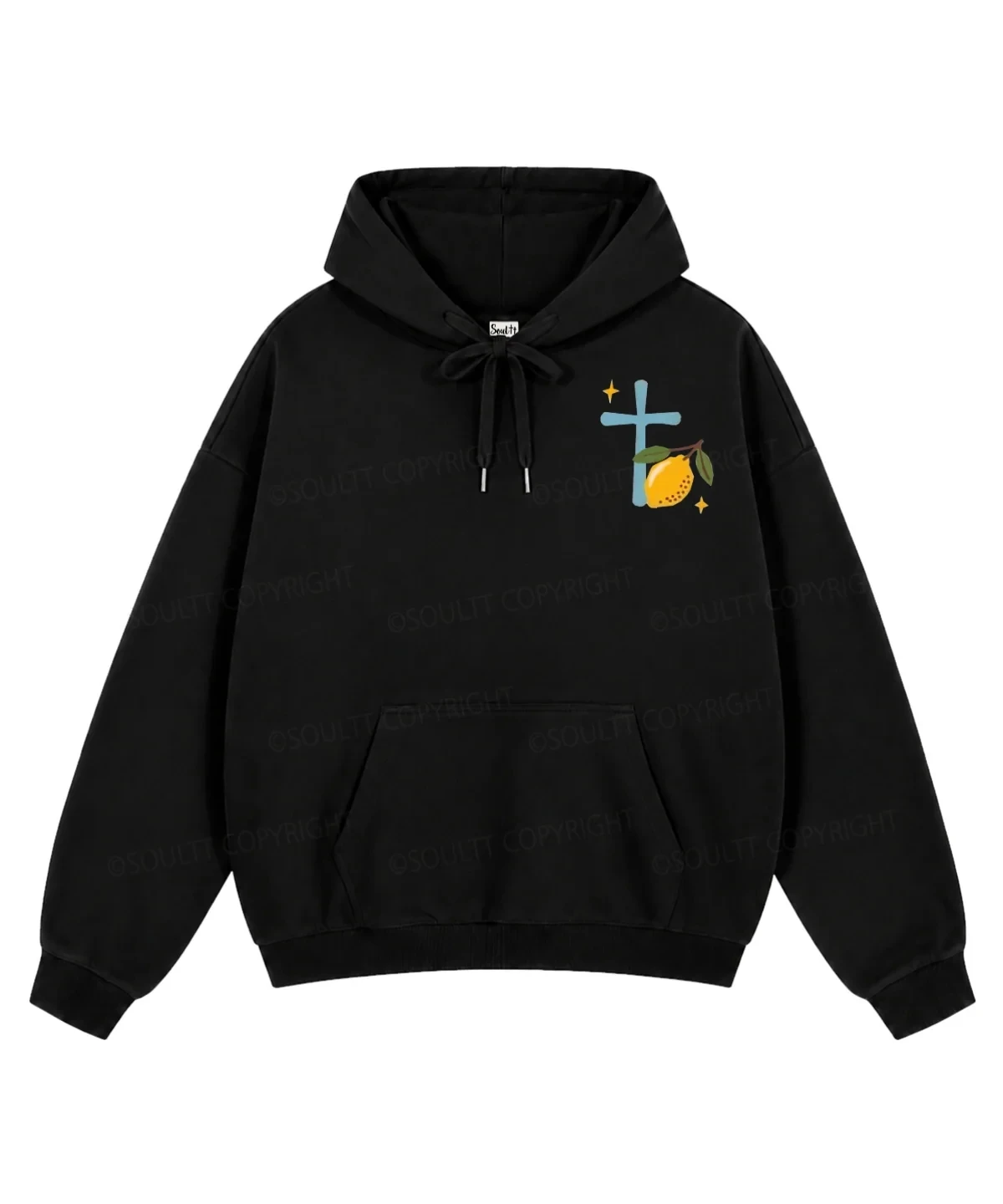 Vintage Christian Hoodie Front Lemon Cross Print Kangaroo Pocket Drawstring Pullover For Unisex Oversized Comfortable Sweatshirt