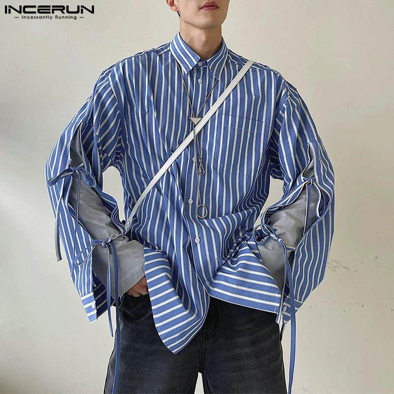 Handsome Well Fitting Tops INCERUN New Men's Striped Lace Design Shirt Casual Stylish Male Loose Long Sleeved Lapel Blouse S-5XL