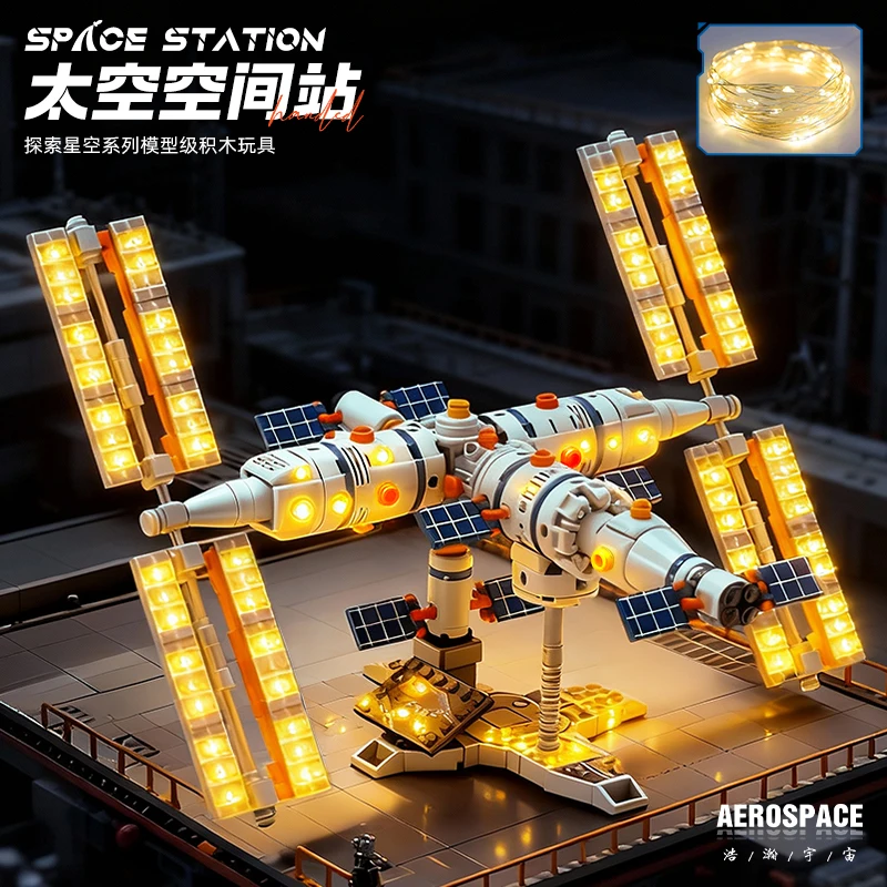 Stazione spaziale Building Blocks Architettura cittadina Mattoni Razzo aerospaziale Giocattoli fai da te Decorazioni da tavolo Regali di Natale per bambini Bambini