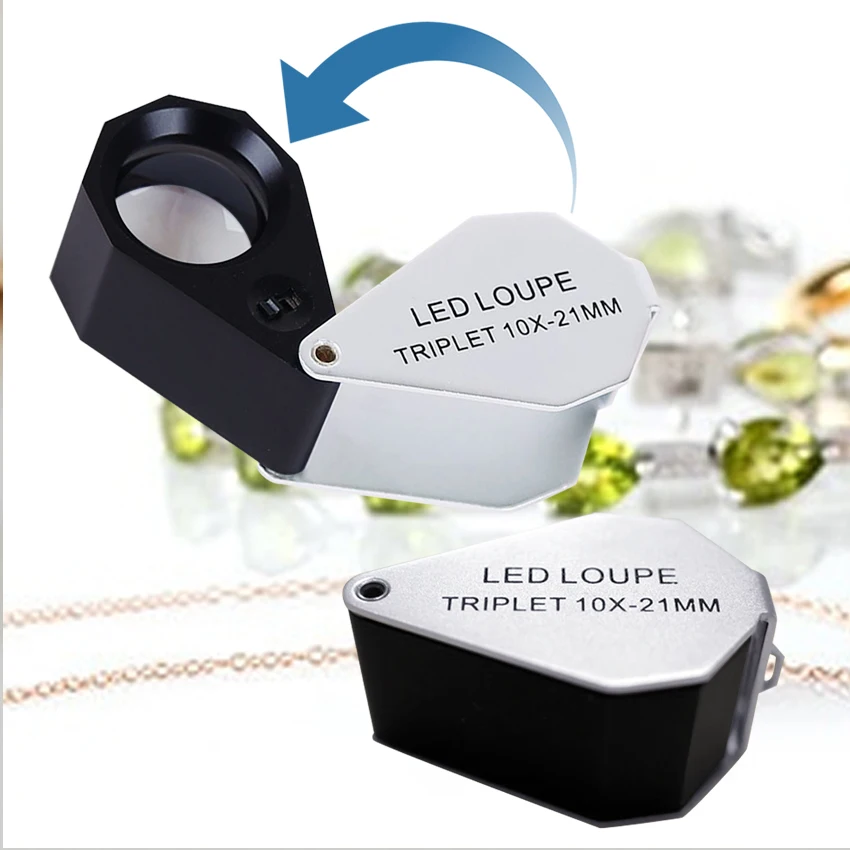 10x Magnification Triplet Optic Lens Jeweler Loupe Magnifier + 6 LED Light, 21mm Foldable Tool