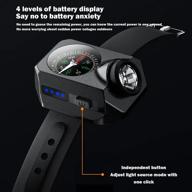 Wrist LED Light Watch Flashlight With Compass Function Rechargeable Watch Flashlight 5-Level Dimming Waterproof Light For Night