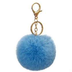 8cm  Fake Fur Brand Bag Fluffy  Pompns Keychain Pom Pom Car Keyring Gold Color Chains pompons Fake Rex Rabbit Fur Charms Chain
