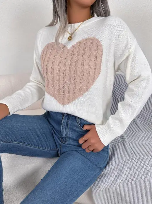 

Women's Sweater 2025 Autumn and Winter Fall Season Casual Sweater Crew Neck Design Heart Pattern Stylish Long Sleeve Pullover
