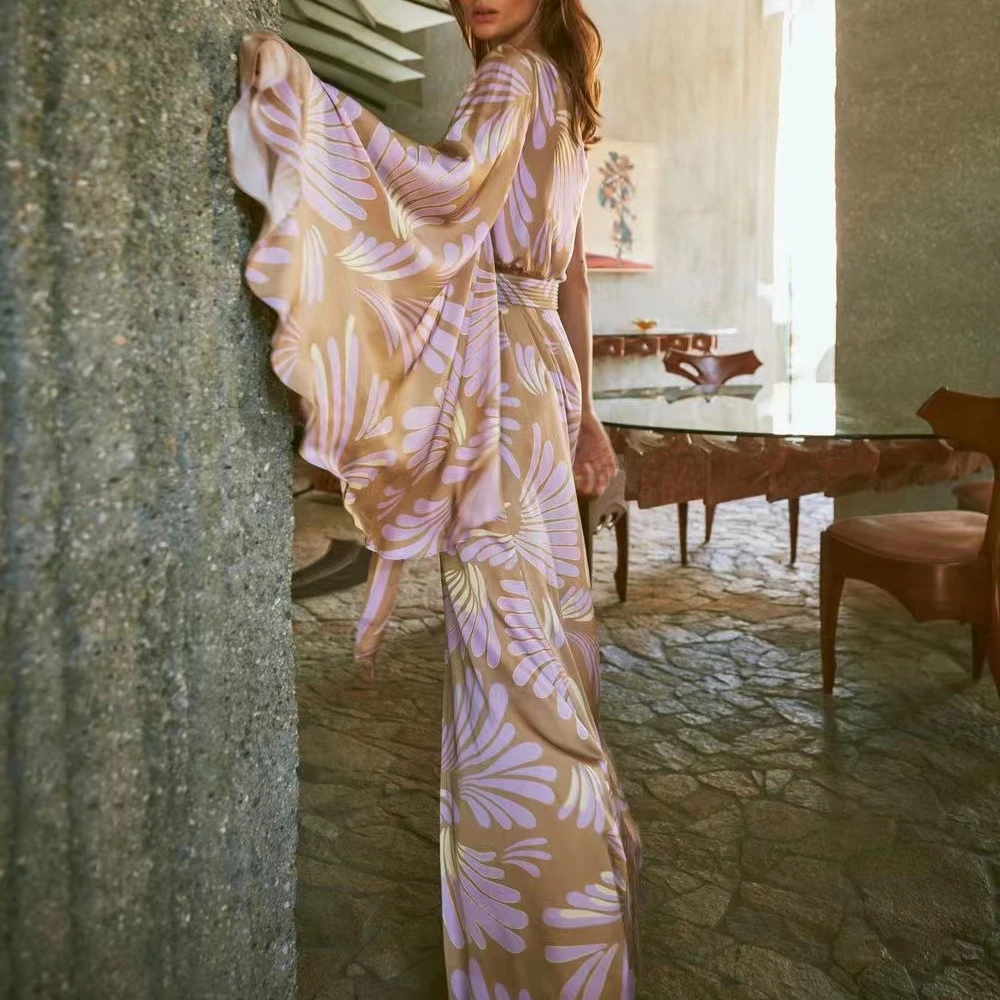 

Women Floral Print Long Dress Diagonal Collar One Shoulder Big Flare Sleeve Sexy dress