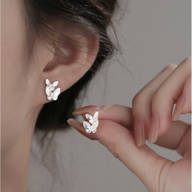 Fashion Double Butterfly Tiny Stud Earrings for Women Girls Metal Vintage Elegant Wedding Party Jewelry Gifts