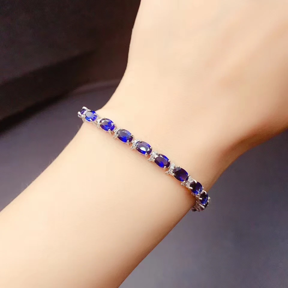 MeiBaPJ New Item Natural Sapphire Gemstone Bracelet 925 Sterling Silver Blue Stone Bangle for Women Fine Wedding Jewelry