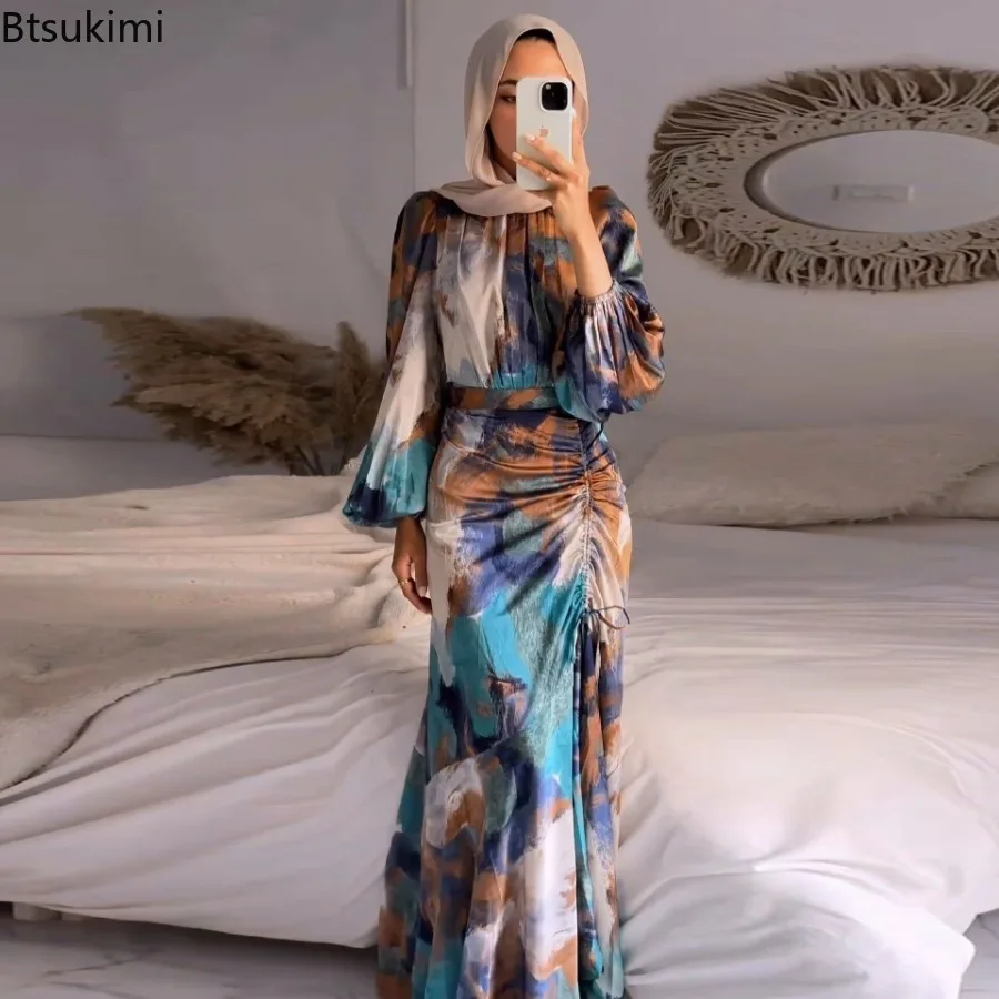 Fashion Elegant Contrast Print Pleated Dresses for Women Half High Collar Lantern Sleeve Drawstring Maxi Dress Muslim Robe Femme