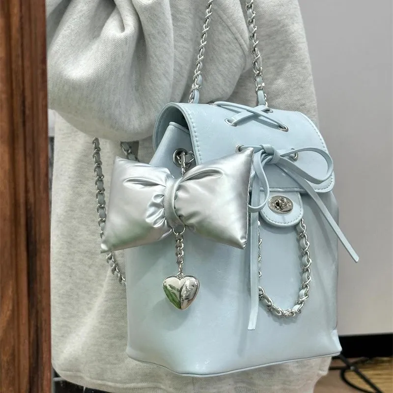 JIAERDI-Mochila Harajuku con lazo azul Y2k para mujer, Mini Mochila con cadenas estéticas de núcleo de hadas, bonita