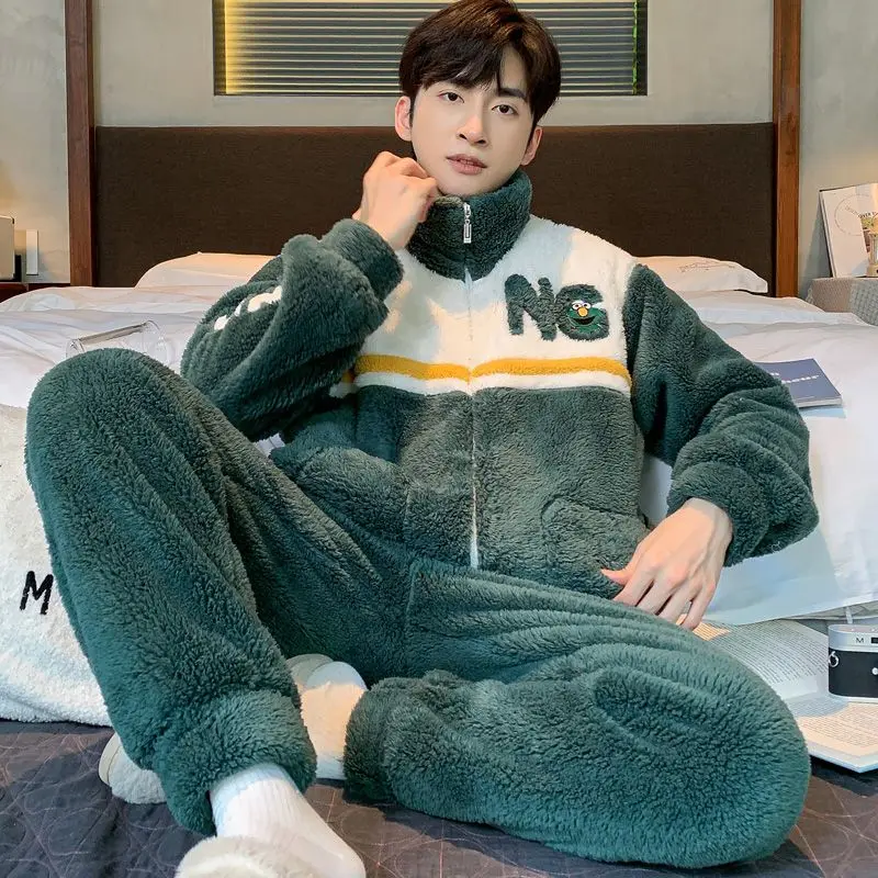 Pyjamas Wintertime Intensification Brushed Coral Plush Male Adolescent Zipper Loungewear Round Neck Set Pijamas for Men