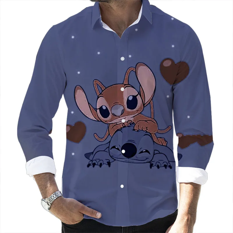 Lilo and Stitch Cartoon 2024 Spring Harajuku New Fashion Casual 3D Printed Long Sleeve Lapel Shirt Slim Men's Top