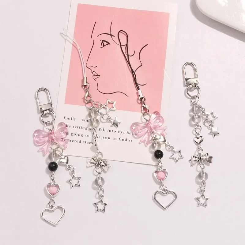 

Pink Silver Bow Heart Star Phone Charm Keychain Pendant for Girls Women Cute Bag Accessory Jewelry