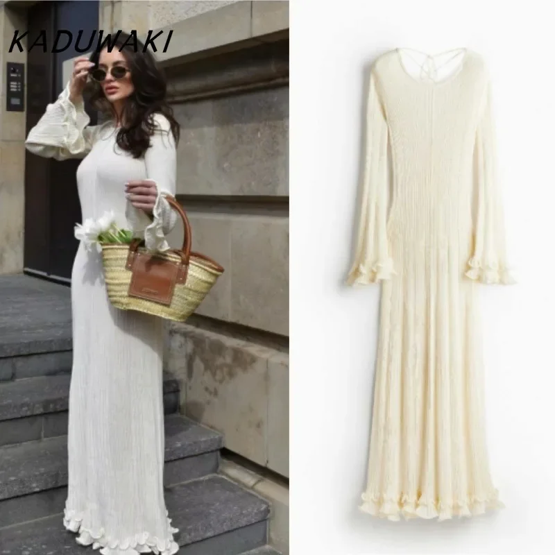 KADUWAKI Fashion Retro Backless Long Sleeve Sundress Sexy Spice Girl Pleated Wave Edge Beige Bodycon Vestidos De Tricô Femenino