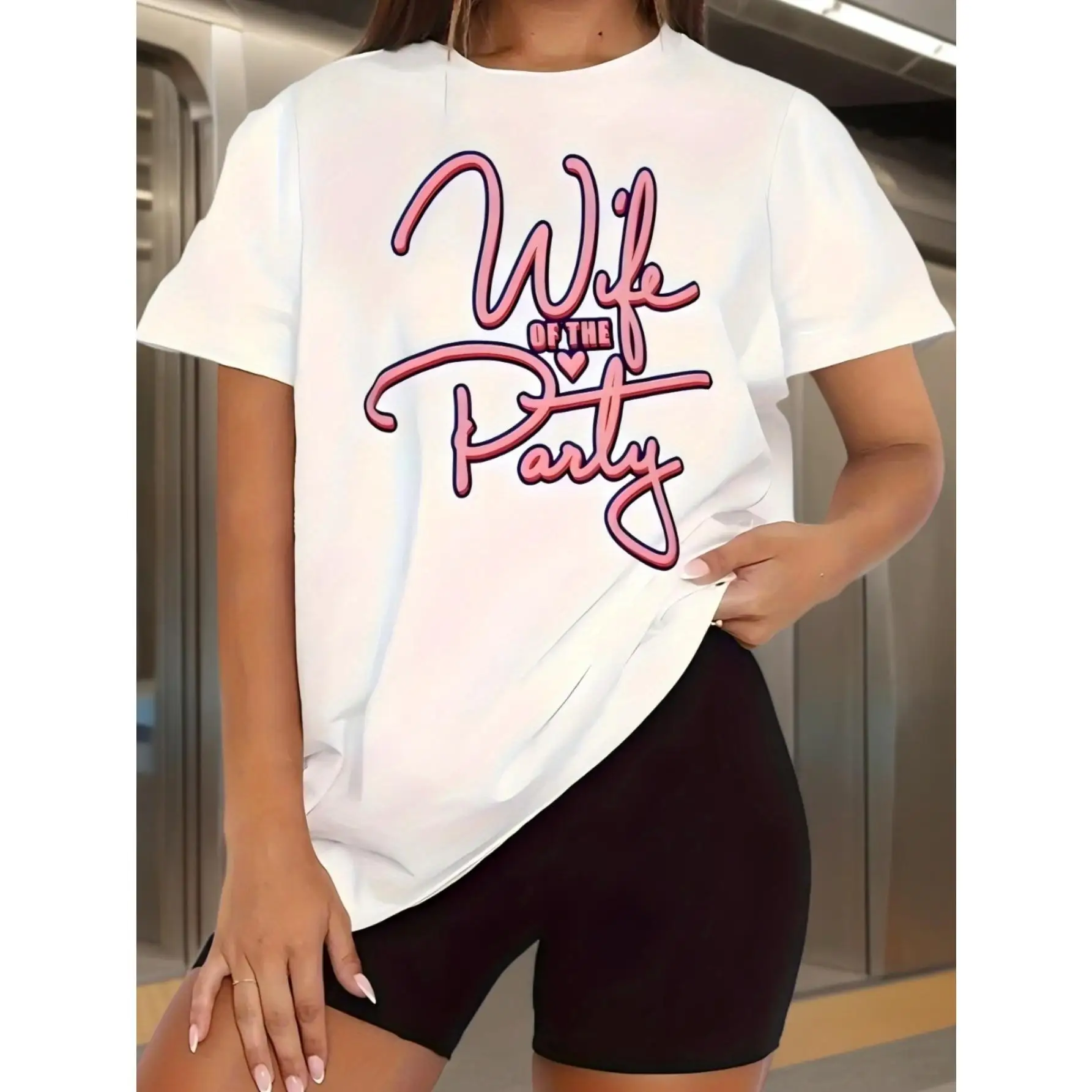 

Women's Casual Crew Neck T-Shirt with Alphabet Print, Polyester and Spandex Knit Fabric, Short Sleeve Top for Spring/ Summer