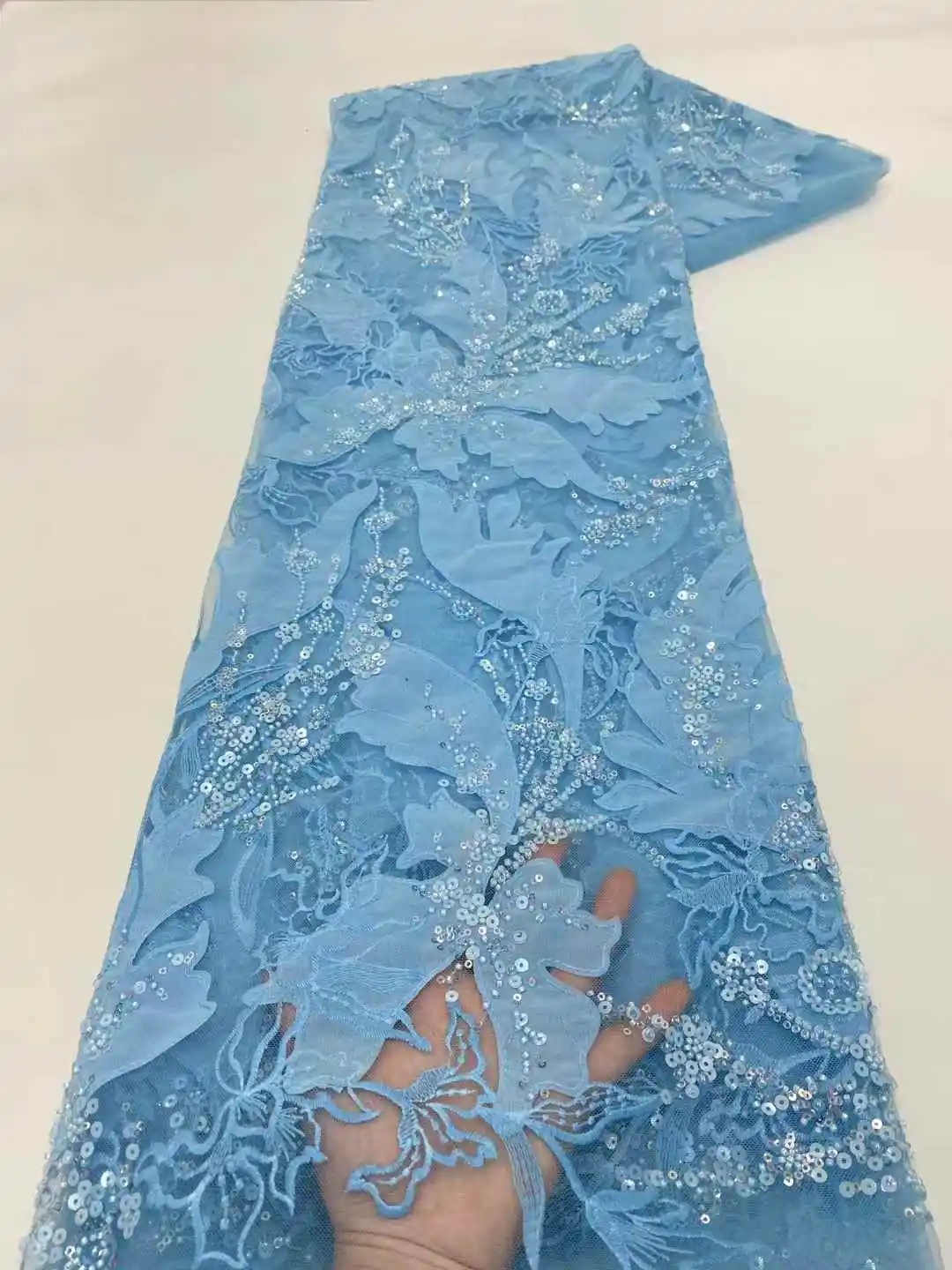

2025 African Nigeria High Quality Sequins Tulle Lace Fabric Embroidery Wedding Party Guipure Dress Beads 5 Yards