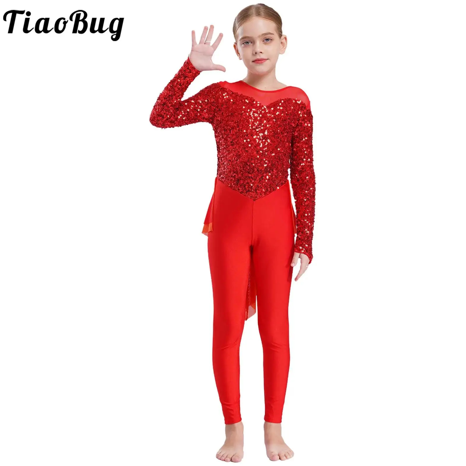 

Kids Girls Gymnastics Rhythmic Skating Dancewear Shiny Sequins Mesh Peplum Jumpsuit Long Sleeve Leotards Skirted Full Bodysuit