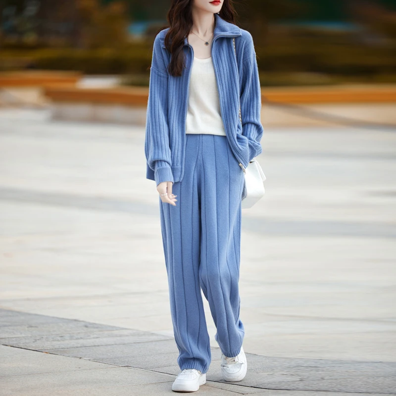 New Women's Casual Wool Knitting Set Long Sleeve Cardigan Polo Sweater High Grade Long Pants Wide Leg Pants Women's 100 Wool Set